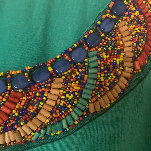 Charming Charlie Teal Green Knit Top Beaded Neckline Hip Rouching Size Medium - Picture 4 of 12